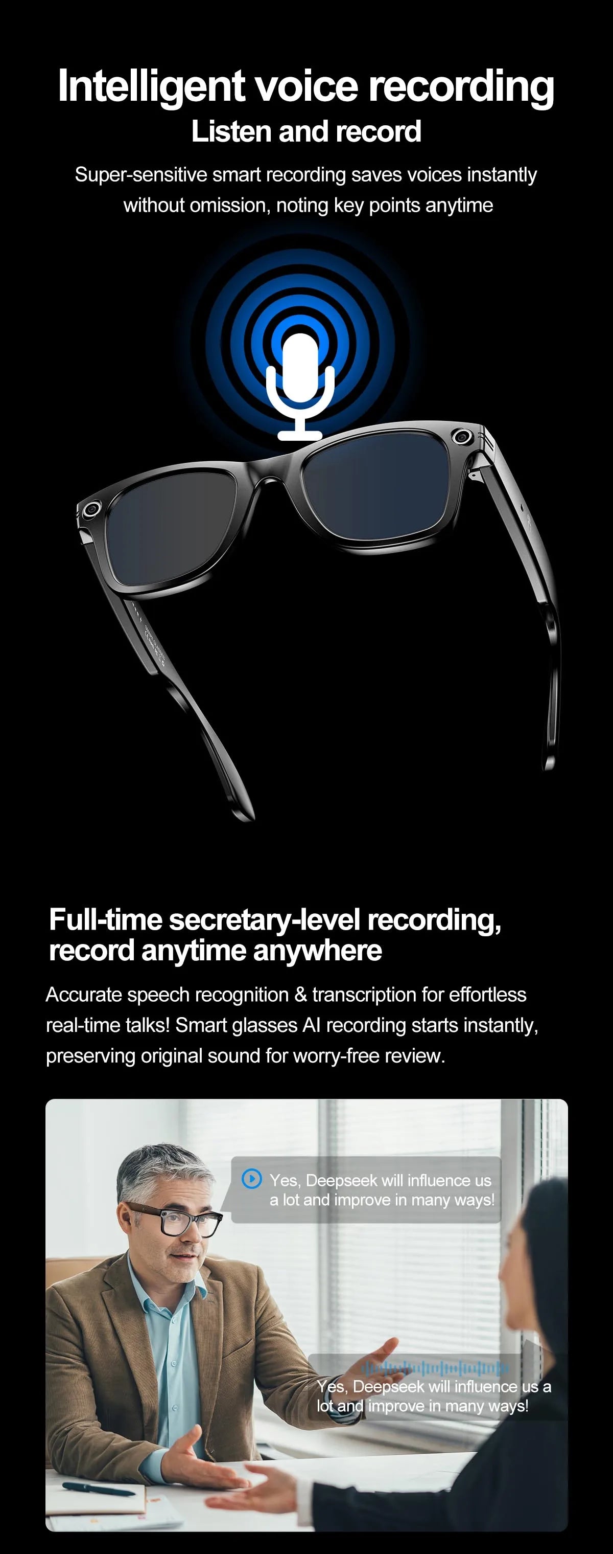 Smart Glasses Recording Videos AI Photo Recognition Answer Translation 260mAh Large Battery IP65 Waterproof Bluetooth Glasses