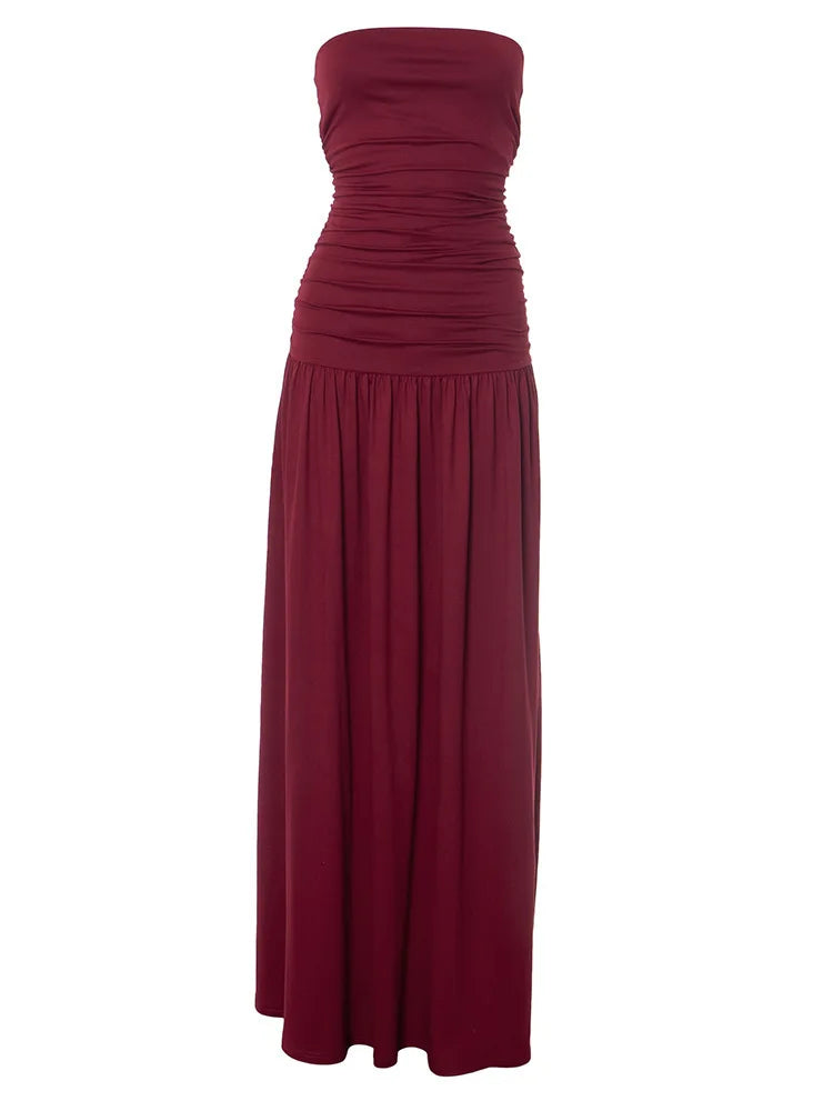 Mozision Off-shoulder Strapless Pleated Sexy Maxi Dress Women Fashion Backless Sleeveless High Waist Ruched Long Dress Elegant