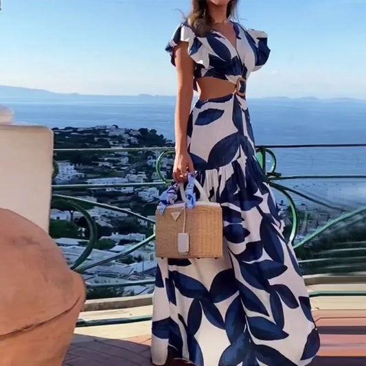 Women's V-Neck Printed Dress Flower Print New Casual Ruffled Short Sleeves Long Dress Swing Bohemian Retro Dress Women Clothing