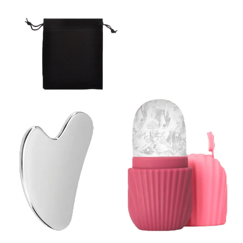 3-piece facial cleansing tool, stainless steel heart-shaped scraping tool, ice facial roller, a flannel bag