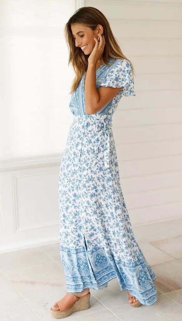 Summer Dress Women 2024 Short Sleeveless Casual V-neck Floral Print Boho Beach Long Dress S-3XL Sexy Split Party Robe