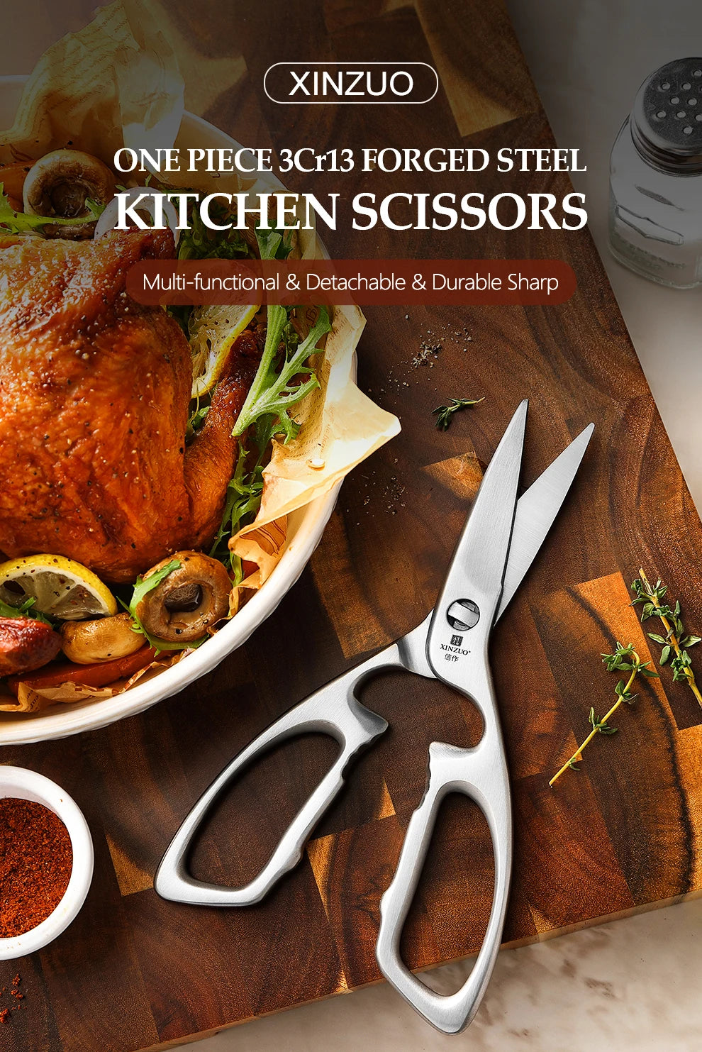 XINZUO Kitchen Scissors One Piece 3Cr13 Stainless Forged Steel Kitchen Powerful  Multi-Function Chicken Bone Kitchen Shears