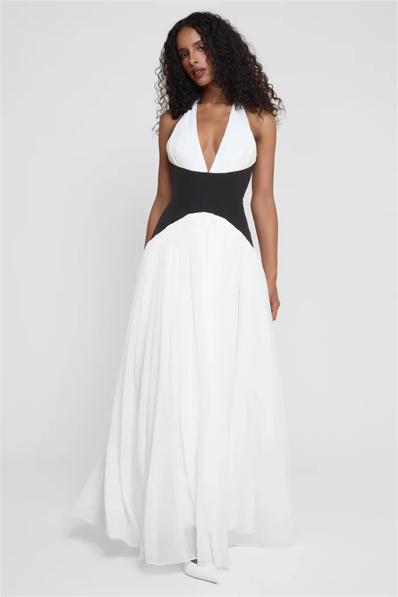 Mozision Halter Deep V Neck Backless Sexy Maxi Dress Women Gown Fashion Patchwork Sleeveless High Waist Club Party Long Dress