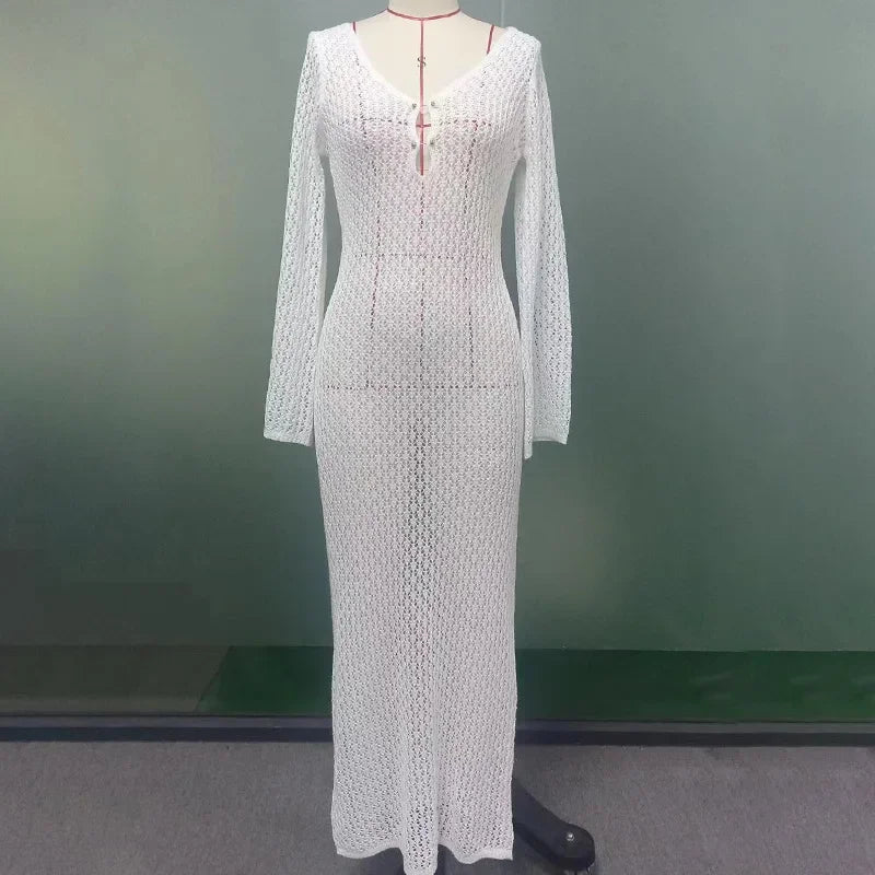TARUXY Crochet Beach Maxi Dress Women's Sexy Knitted Hollow Bikini Swimsuit Cover-Up Sun Protection Dress See Through Slim Lady