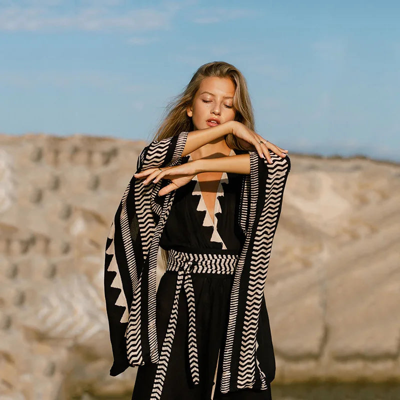 Para Praia Kimono Beach Robe Swimsuit Cover Ups Beachwear Long Flared Sleeve Dress Sarong Women Loose Cardigan Bikini Covers