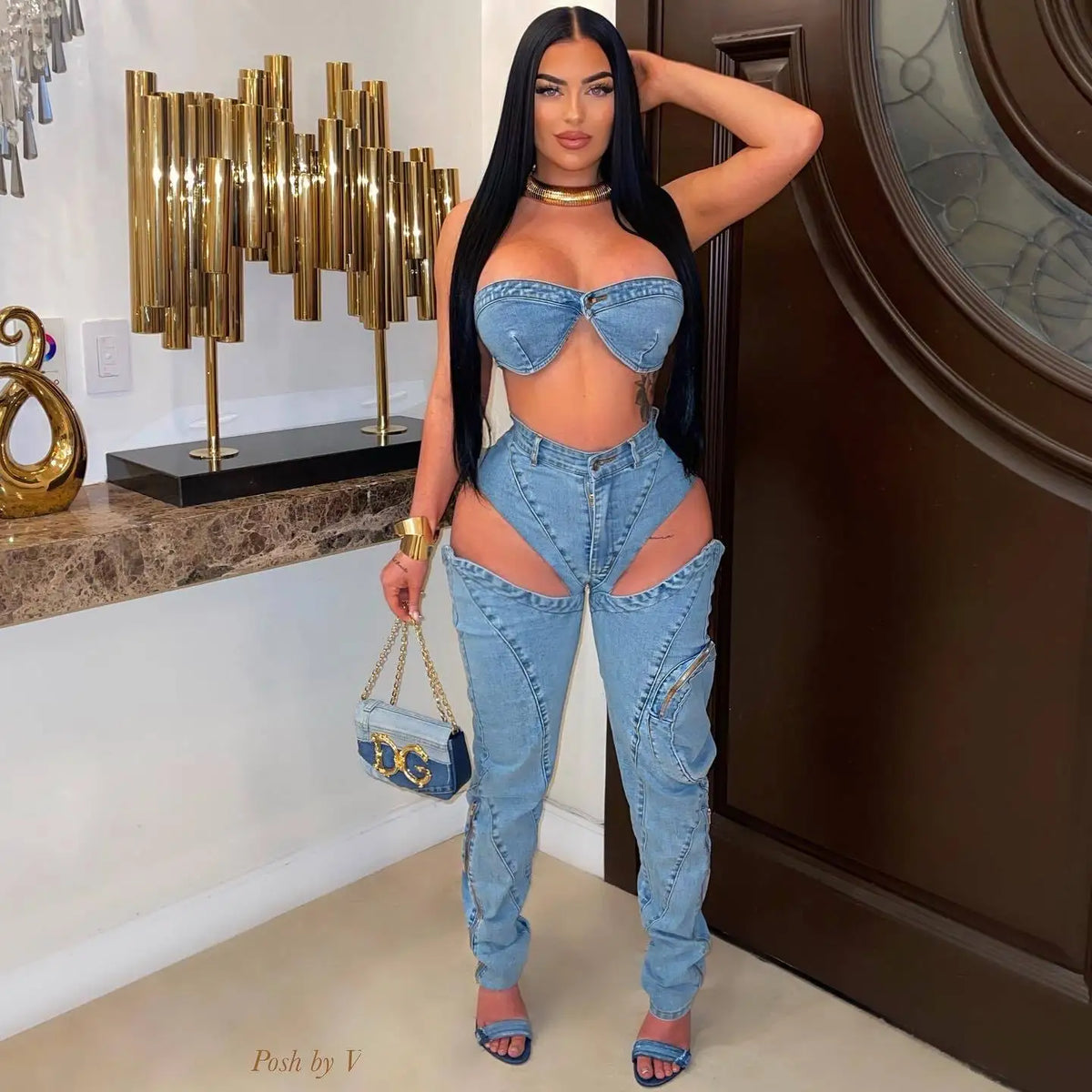 Sexy Denim Bikini Tops Two Piece Sets Matching Outfits 2024 Y2K Streetwear Women Pencil Denim Jean Pant Summer 2 Piece Sets