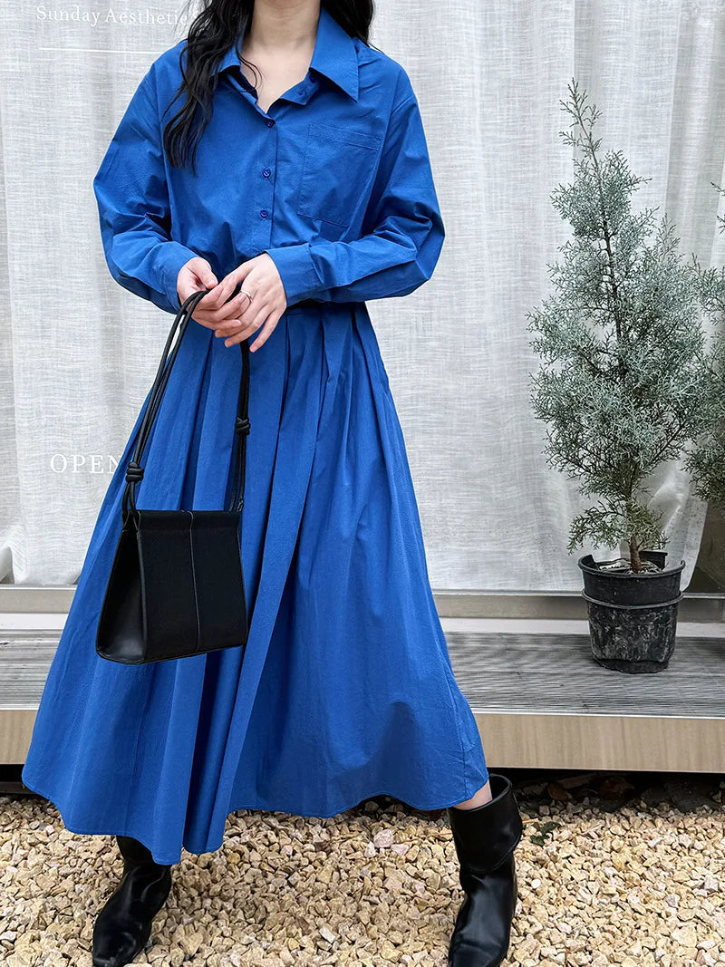 Polo‘s Collar Shirt Dress  Women Spring Slimming Long Dress With A Cinched Waist Blue / Pink