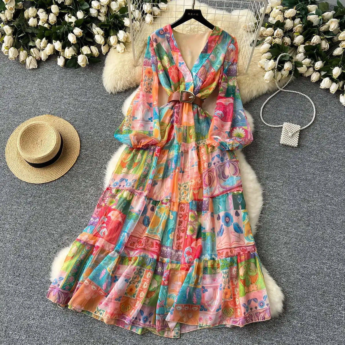 XFPV 2025 Spring New Fashion High-end V-neck Lantern Sleeves High Waist Print Swing Ruffle Edge Chiffon Long Dress Women SM11517