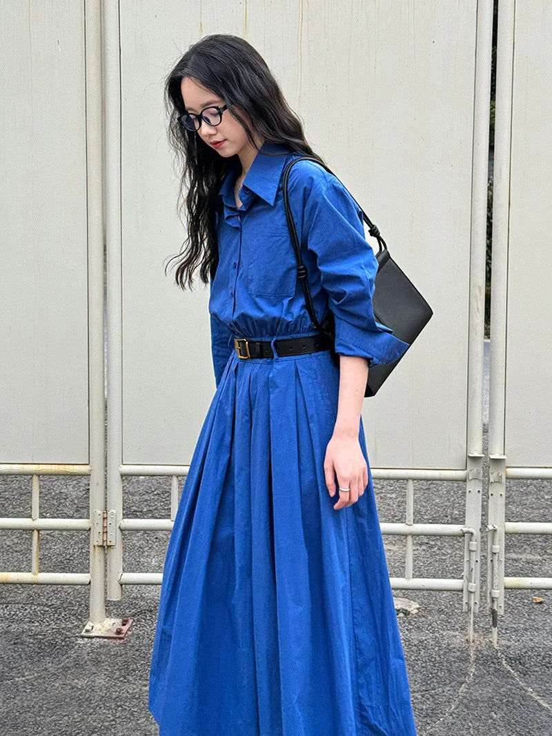 Polo‘s Collar Shirt Dress  Women Spring Slimming Long Dress With A Cinched Waist Blue / Pink