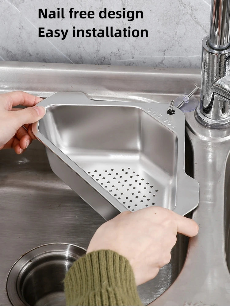 Stainless Steel Triangle Drain Basket Kitchen Sink Filter Shelf Fruit Vegetable Drainer Storage Rack Basket Bar with Suction Cup