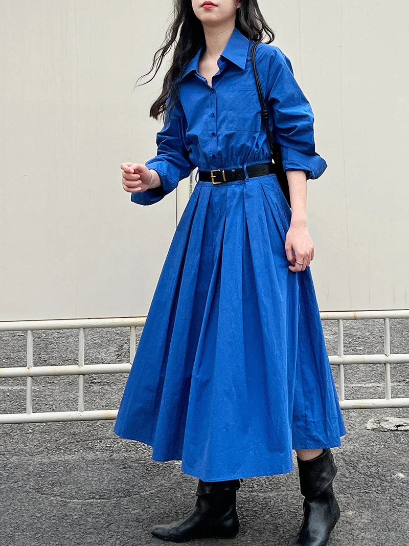 Polo‘s Collar Shirt Dress  Women Spring Slimming Long Dress With A Cinched Waist Blue / Pink