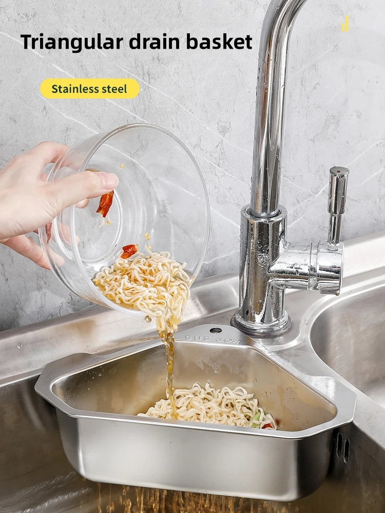 Stainless Steel Triangle Drain Basket Kitchen Sink Filter Shelf Fruit Vegetable Drainer Storage Rack Basket Bar with Suction Cup