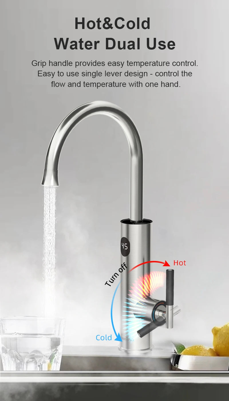 Briwellna Electric Water Heater Kitchen Faucet 2 In 1 With Digital Display Stainless Steel 220V Electric Tap Geyser Robinet