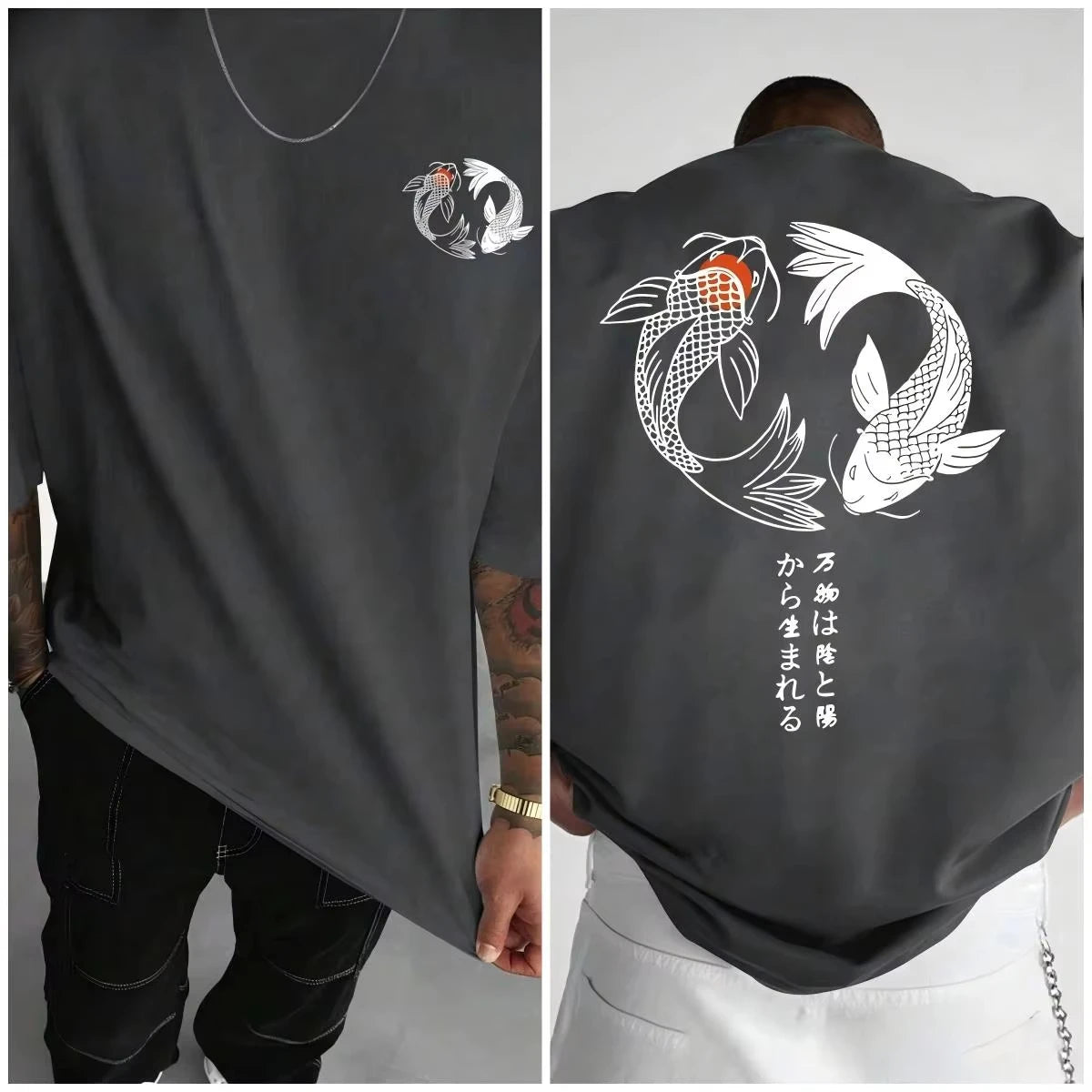 Japanese Koi Harajuku Illustration Pattern T-Shirt Men Summer Casual T Shirt Soft Fashion Short Sleeve Loose Cotton Sportswear