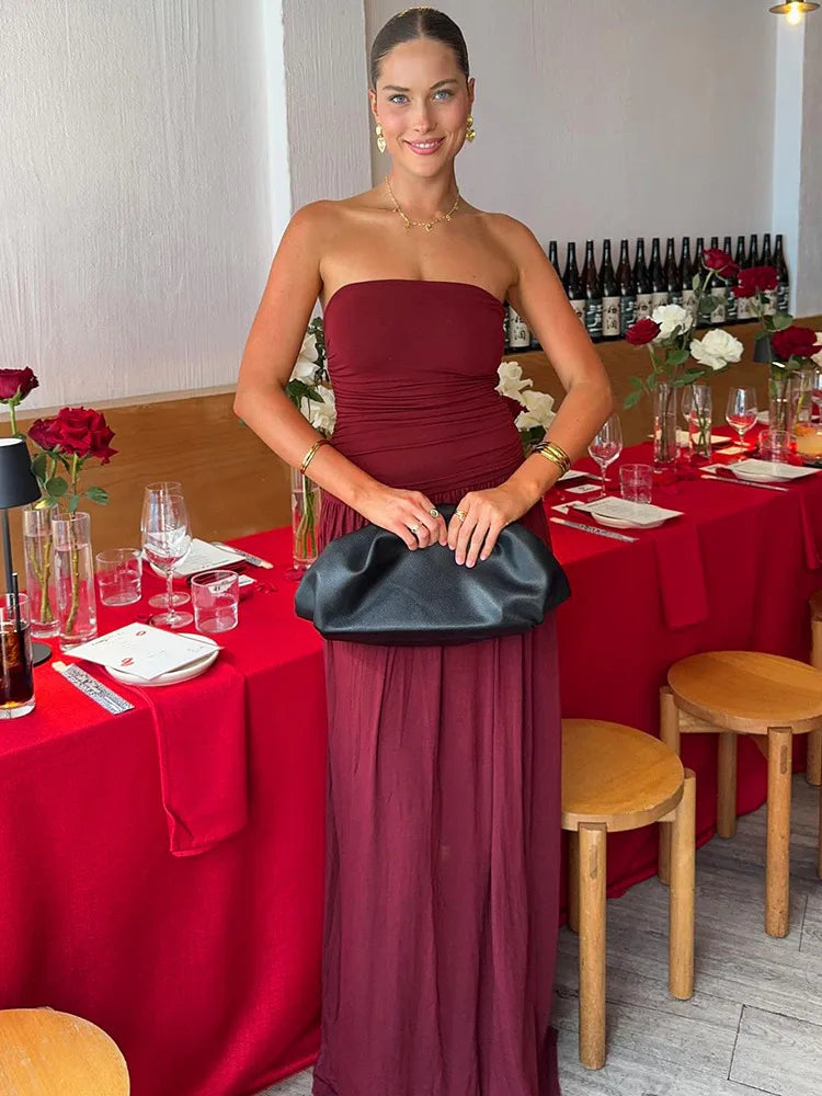 Mozision Off-shoulder Strapless Pleated Sexy Maxi Dress Women Fashion Backless Sleeveless High Waist Ruched Long Dress Elegant