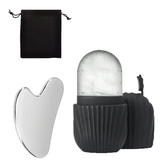 3-piece facial cleansing tool, stainless steel heart-shaped scraping tool, ice facial roller, a flannel bag