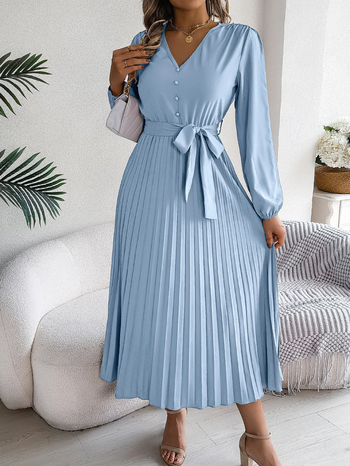 Autumn Winter Elegant V-Neck Button Belt Long Sleeved Solid Color Pleated Long Dress For Women Dresses