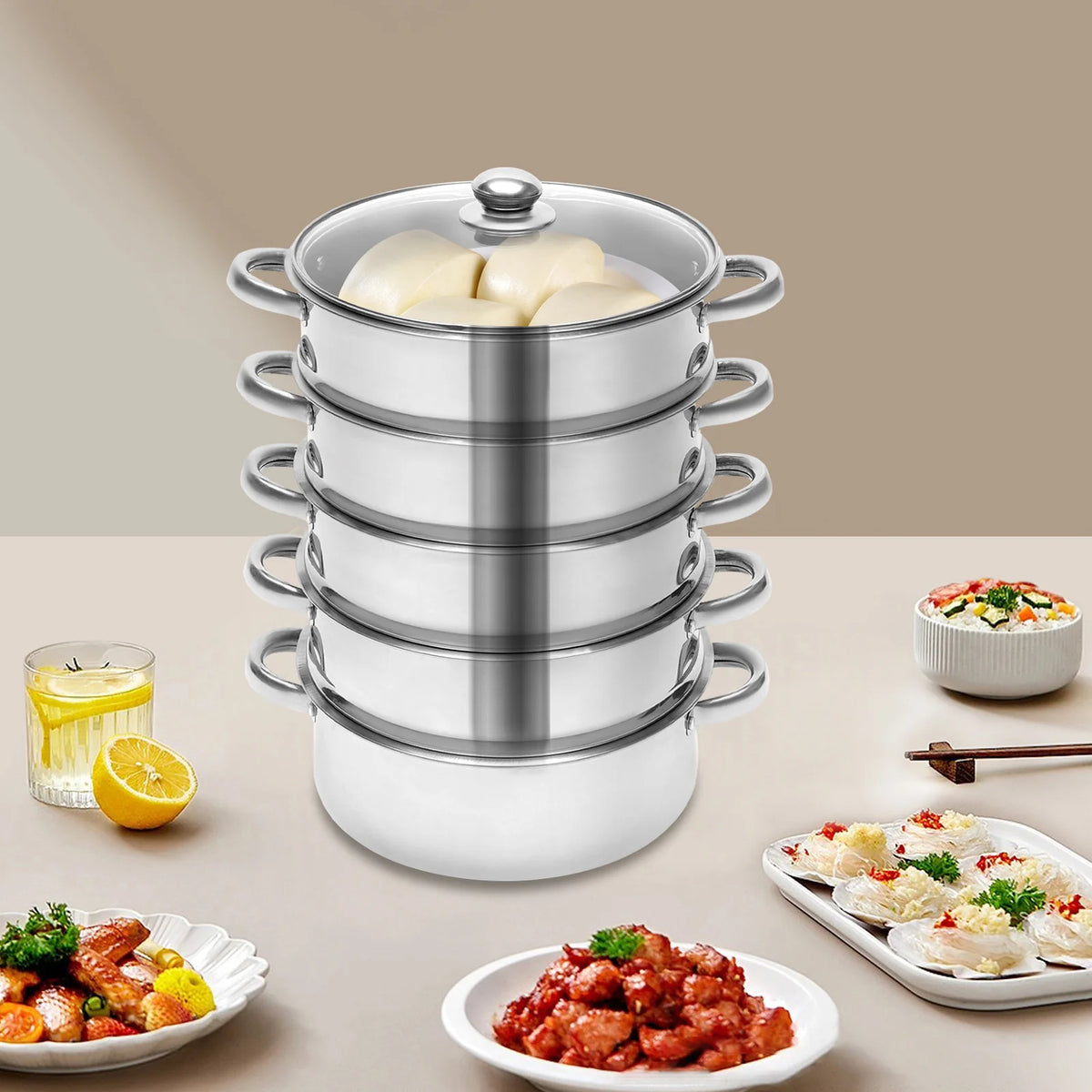 26cm 5-Layer Multifunctional Stainless Steel Steamer Silver For Kitchen Cooking