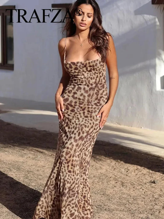 TRAFZA Summer Women's Fashion Leopard Print Tulle Long Dress Sexy Sleeveless Backless Slip Dress Female Elegant Maxi Party Dress
