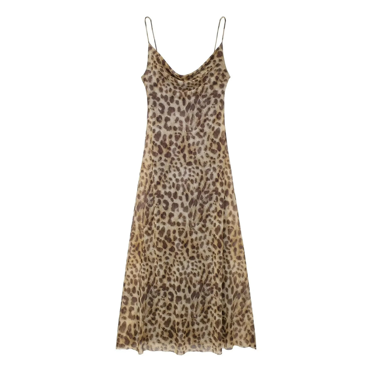 TRAFZA Summer Women's Fashion Leopard Print Tulle Long Dress Sexy Sleeveless Backless Slip Dress Female Elegant Maxi Party Dress