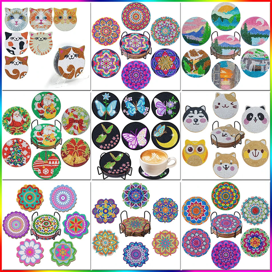 PhotoCustom 6pc/Sets Diamond Painting Coasters 5D DIY Round Diamond Mosaic Mandala Cup Coasters With Holder Kitchen Accessories