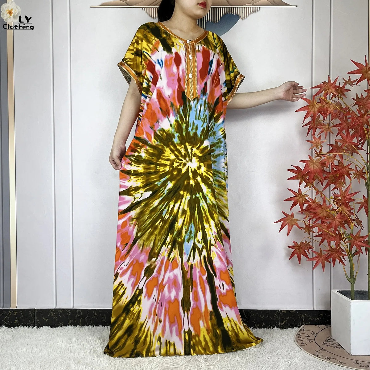 2024 New Style Short Sleeve African Dashiki Tie-dyed Cotton Abaya Caftan Lady Summer Maxi Islam Casual Dresses With Big Scarf
