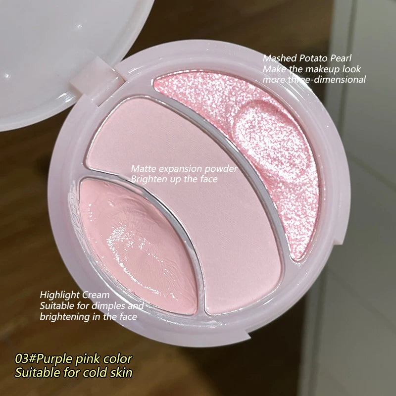 3-color Highlighter Palette Multi-use Mash Potato Pearlescent Matte Facial Contour Powder Cream Natural 3D Face Brighten Makeup