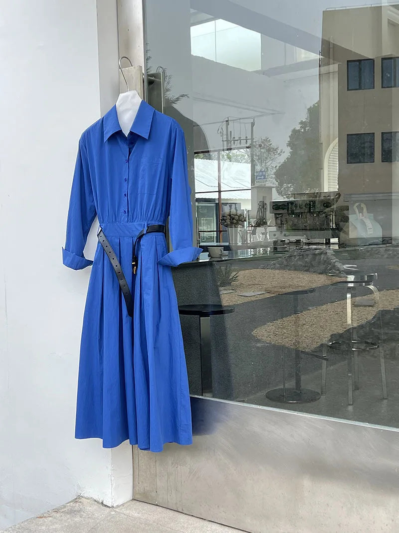 Polo‘s Collar Shirt Dress  Women Spring Slimming Long Dress With A Cinched Waist Blue / Pink