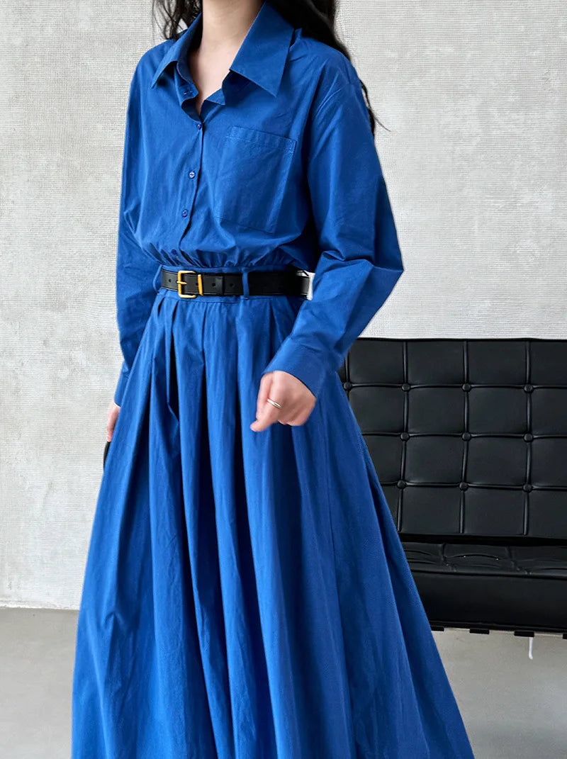 Polo‘s Collar Shirt Dress  Women Spring Slimming Long Dress With A Cinched Waist Blue / Pink