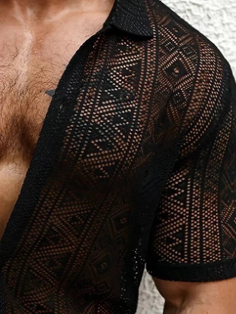 2025 Summer Trendy Mens Mesh Shirts Stylish Short Sleeve Hollow Out Mesh Shirt Vacation Men Sexy See Through Lace Cardigan Tops
