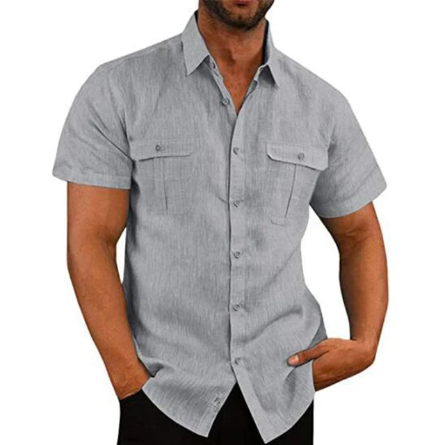 Cotton Linen Hot Sale Men Short-Sleeved Shirts Summer Solid Color Stand-Up Collar Casual Beach Style Plus SizeMale Shirts