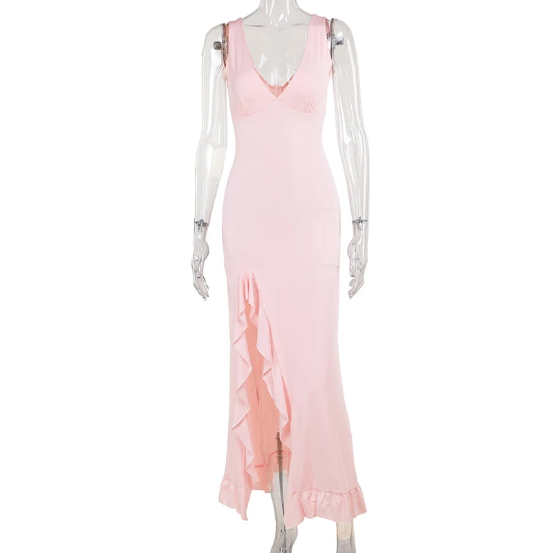 Mozision Elegant Sleeveless Ruffles Sexy Long Dress For Women Summer New Deep V Neck Backless Thigh High Split Maxi Dress