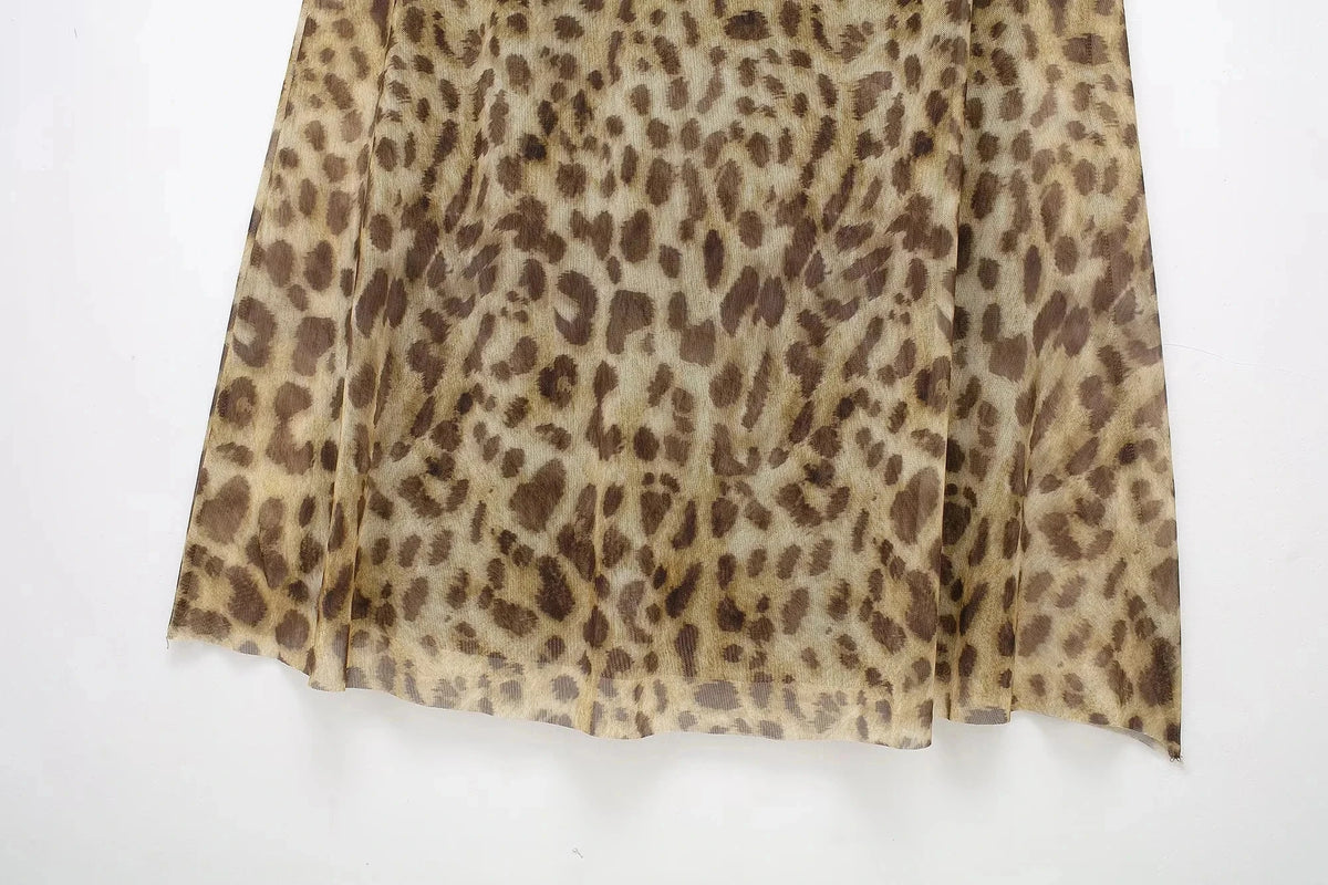 TRAFZA Summer Women's Fashion Leopard Print Tulle Long Dress Sexy Sleeveless Backless Slip Dress Female Elegant Maxi Party Dress