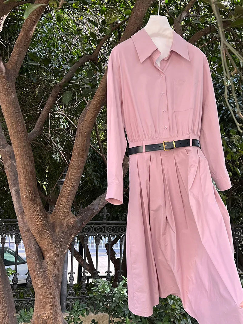 Polo‘s Collar Shirt Dress  Women Spring Slimming Long Dress With A Cinched Waist Blue / Pink