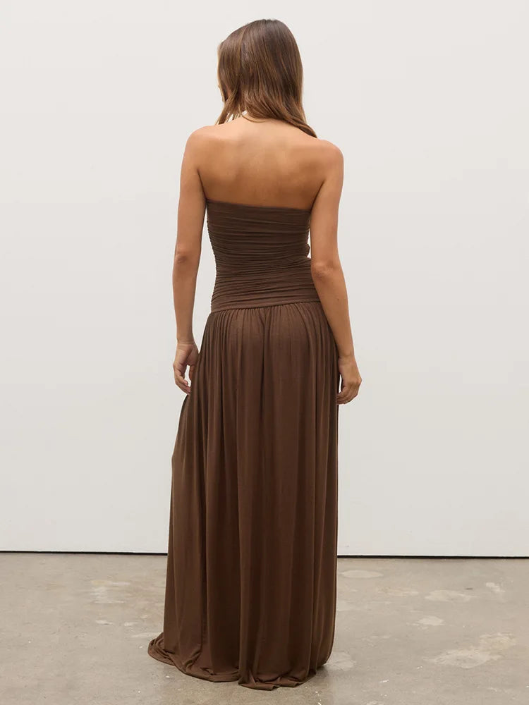 Mozision Off-shoulder Strapless Pleated Sexy Maxi Dress Women Fashion Backless Sleeveless High Waist Ruched Long Dress Elegant