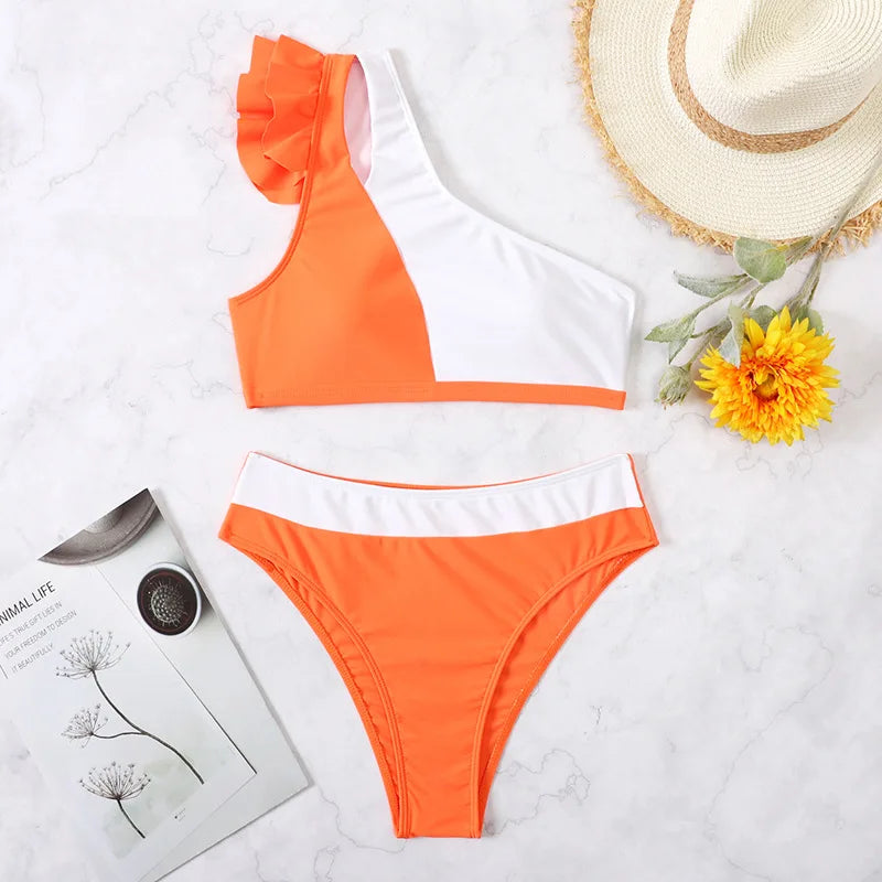 Sexy Bikini 2025 Women High Waist Ruffle Swimsuit Female One Shoulder Swimwear Bathers Bathing Swimming Suit Summer Beachwear