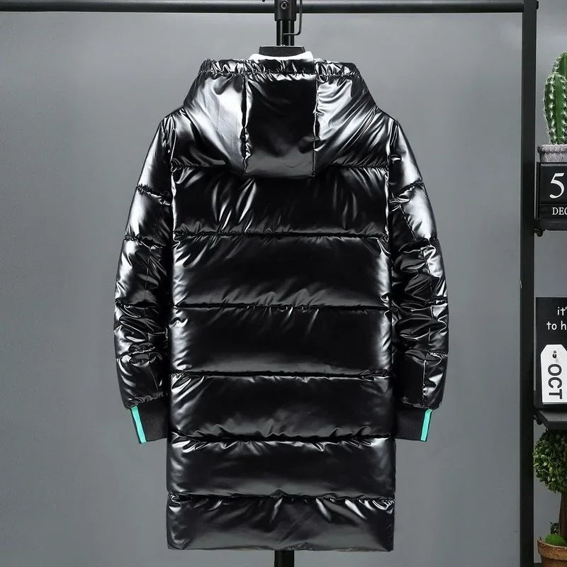 Men's Mid Length Cotton Down Jacket, Thick Down Overcoat, Glossy Coat, Quilted Hoodie, Hat, Winter Trend, Casual, New