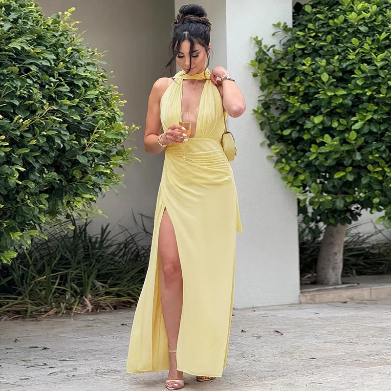 Torova Halter Bandage Slit Long Dress For Women U Neck Sexy Backless Maxi Dress Slim Beach Party Ruched Dress Female Elegant
