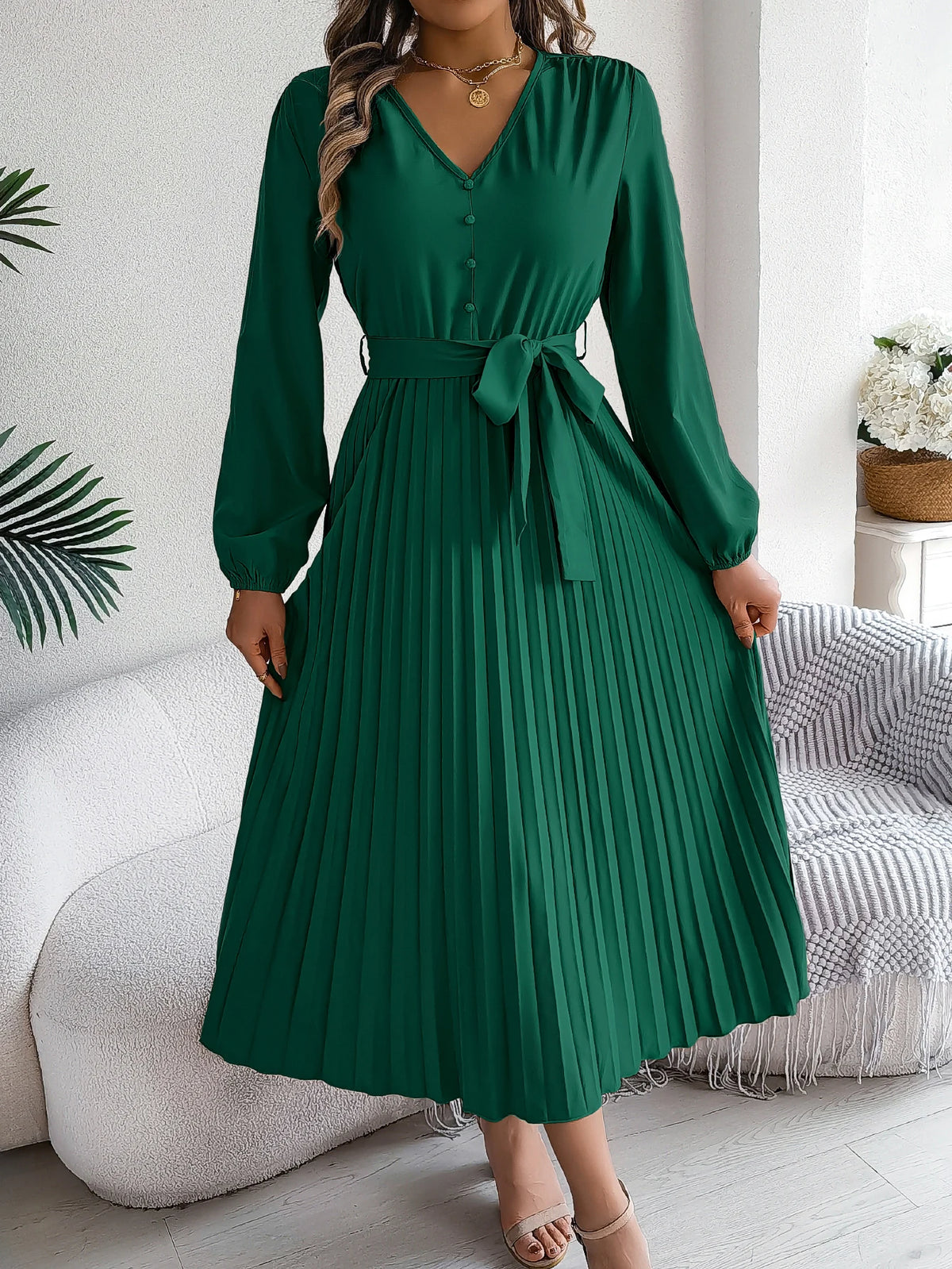 Autumn Winter Elegant V-Neck Button Belt Long Sleeved Solid Color Pleated Long Dress For Women Dresses