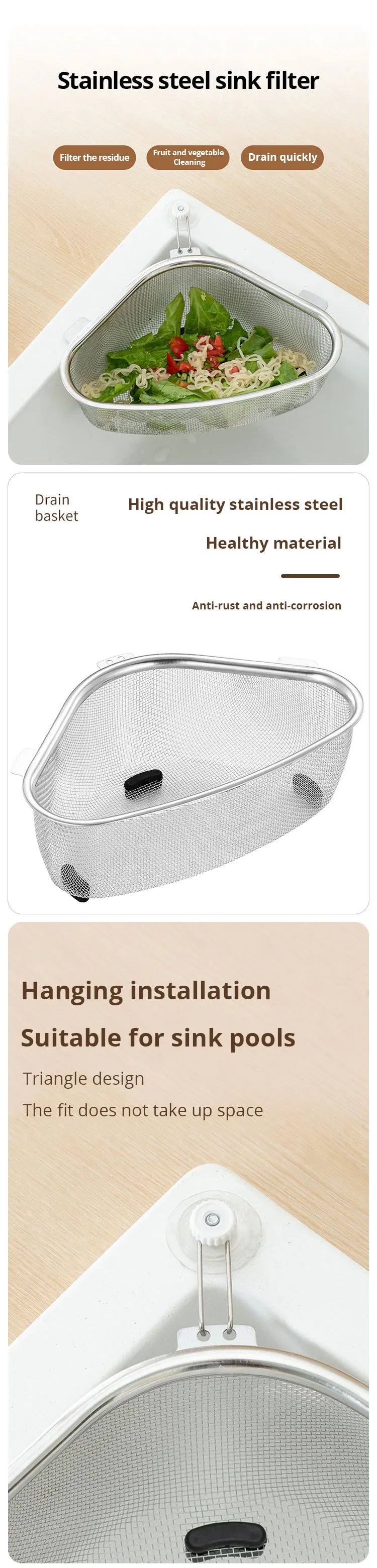 1pc Sink Triangle Drain Basket Stainless Steel Kitchen Residue Filter Net Basket Leakage Wash Vegetable Basket Storage Shelf
