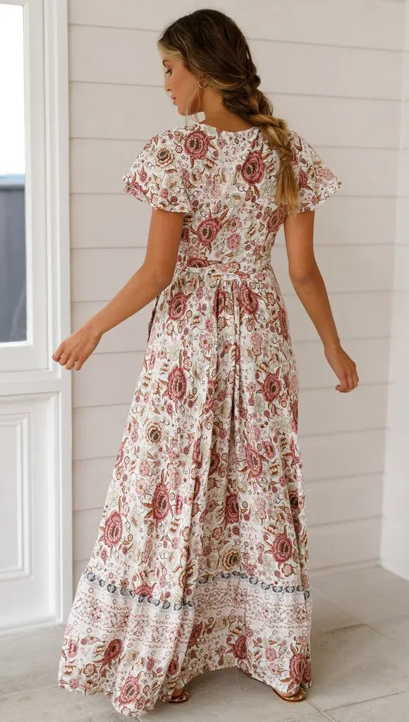Summer Dress Women 2024 Short Sleeveless Casual V-neck Floral Print Boho Beach Long Dress S-3XL Sexy Split Party Robe