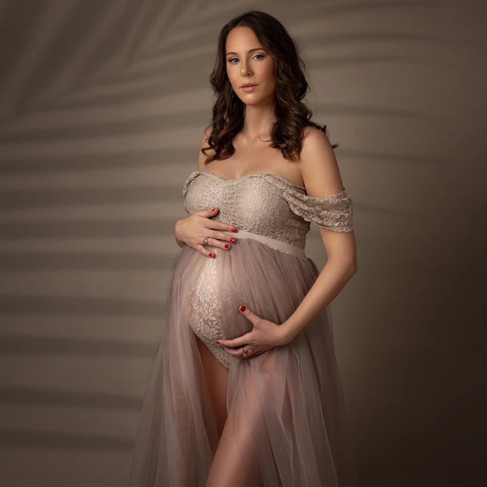 Bohemian Photo Shooting Pregnancy Dress Lace Bodysuit Tulle Long Dress  Boho Style Maternity Dresses For Photo Shoot