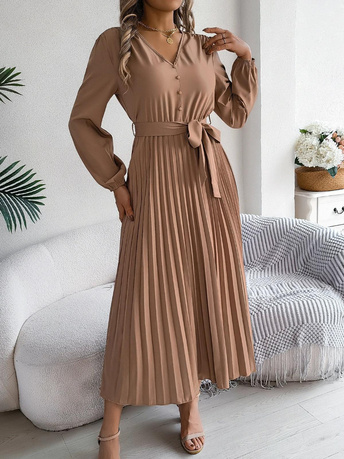 Autumn Winter Elegant V-Neck Button Belt Long Sleeved Solid Color Pleated Long Dress For Women Dresses