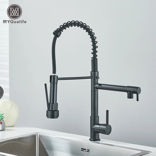 Black Pull Down Kitchen Sink Faucet Hot Cold Water Mixer Crane Tap with Dual Spout 360 Rotation High Faucet Deck Mounted