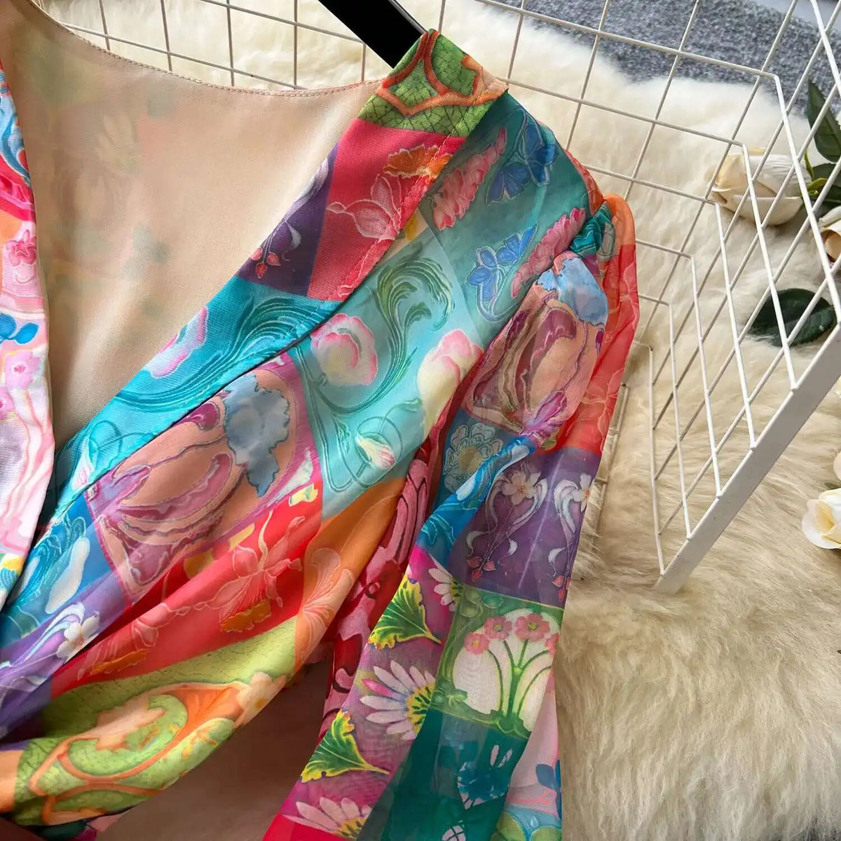 XFPV 2025 Spring New Fashion High-end V-neck Lantern Sleeves High Waist Print Swing Ruffle Edge Chiffon Long Dress Women SM11517