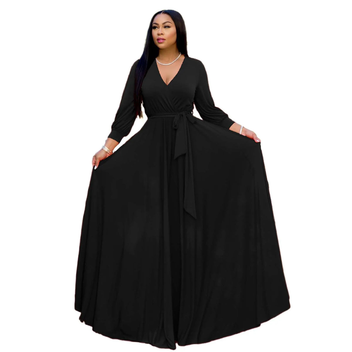 CM.YAYA Elegant Women Wraped V-neck Long Sleeve with Sashes Maxi Long Dress Chic INS Sexy Party Prom Big Swing Pink Dresses