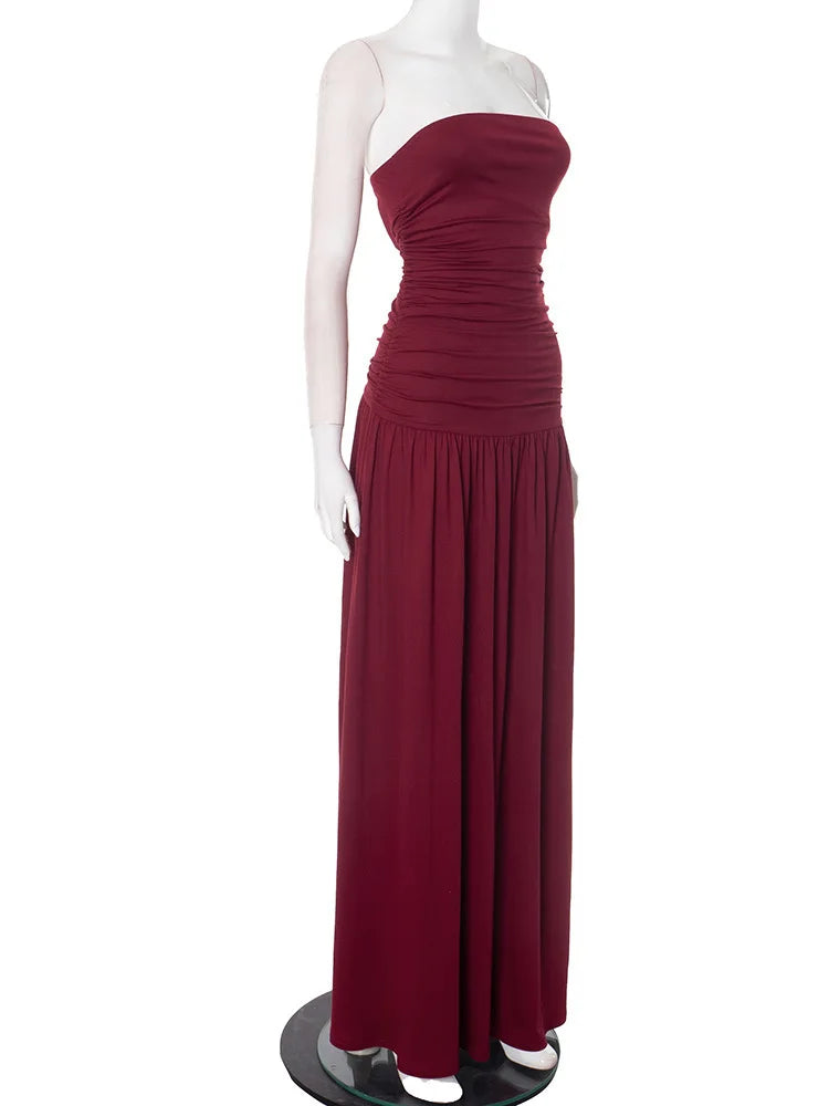 Mozision Off-shoulder Strapless Pleated Sexy Maxi Dress Women Fashion Backless Sleeveless High Waist Ruched Long Dress Elegant