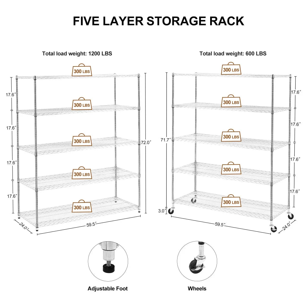 Warehouse supermarket kitchen other 5-layer heavy-duty adjustable shelves with wheels  adjustable feet  frame bearing 300 pounds