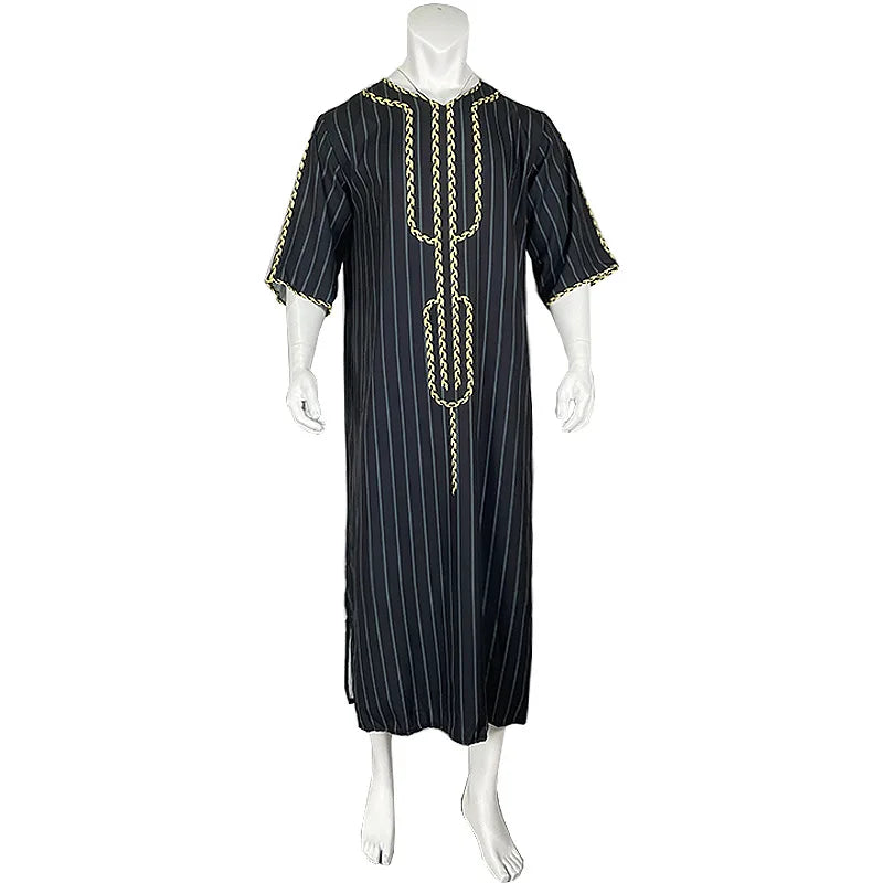 Men Muslim Summer Fashion Loose Robe Islam Kaftan Men Clothing Dubai Luxury Muslim Abaya Muslim V-neck Short Sleeve Printing