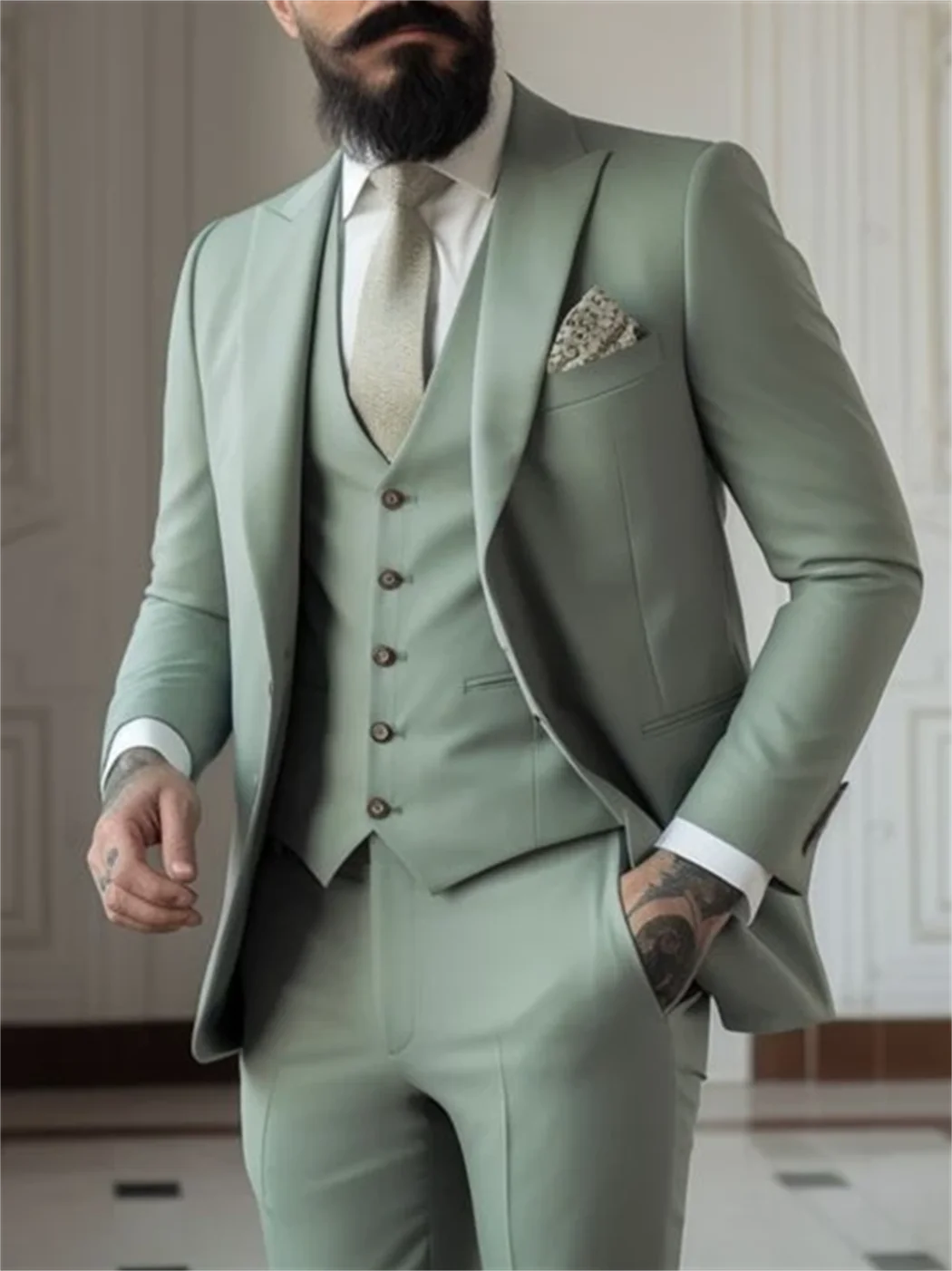 3 Piece Sage Green Men's Slim Fit Suits (Jacket+Vest+Pant) Wedding Groom Tuxedos Prom Formal Male Party Blazers